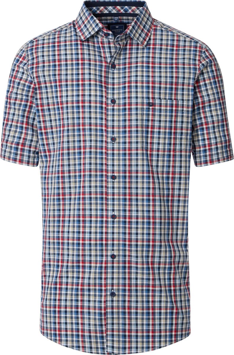 Redmond comfort fit overhemd - korte mouw - dobby - blauw - wit - rood - beige geruit