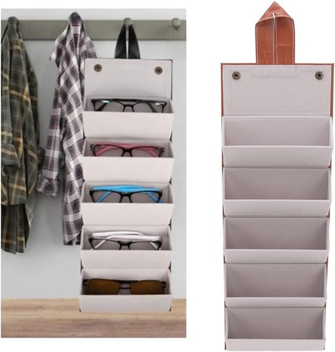 Allecto plus - Zonnebril Opbergtas Draagbaar PU Leer - 5 Slot - Opvouwbare Bril Organizer - Houder Display - Reizen - Bruin