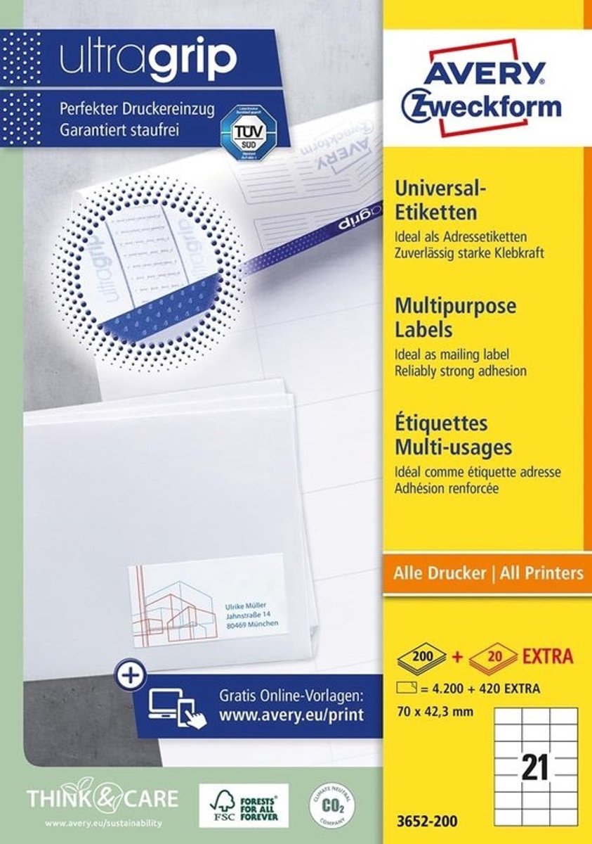 Zelfklevende Adresetiketten - 420 Extra Etiketten - A4 70 x 42,3 mm - Voor Laser, Inkjet en Multifunctionele Printers
