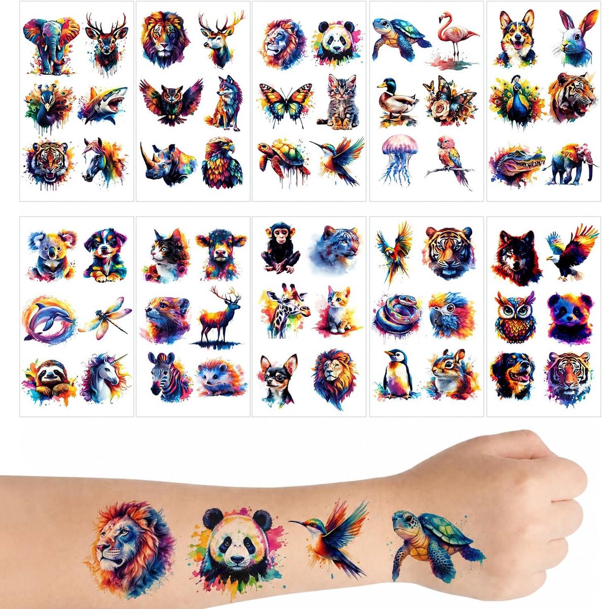 Tijdelijke Tatoeages voor Kinderen, Aquarel Dieren Plaktattoos Set, Party Zakje Vullers Verjaardagscadeau voor Jongens Meisjes en Volwassenen (Stijl 2)