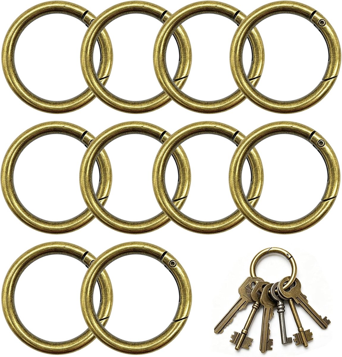 10 stuks ronde karabijnhaken, zeer robuust, zinklegering, ronde karabijnhaak, rond, grote karabijnhaak, ring, ronde O-ring voor sleutelhanger, tas, sieraden, doe-het-zelf handwerk (brons)