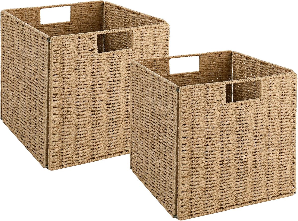 Rieten manden, set van 2 handgeweven opbergmanden voor planken met handgrepen, opvouwbare kubusvormige rieten opbergmand, organizer 45,5 cm, grote geweven manden voor opslag, organisatie en