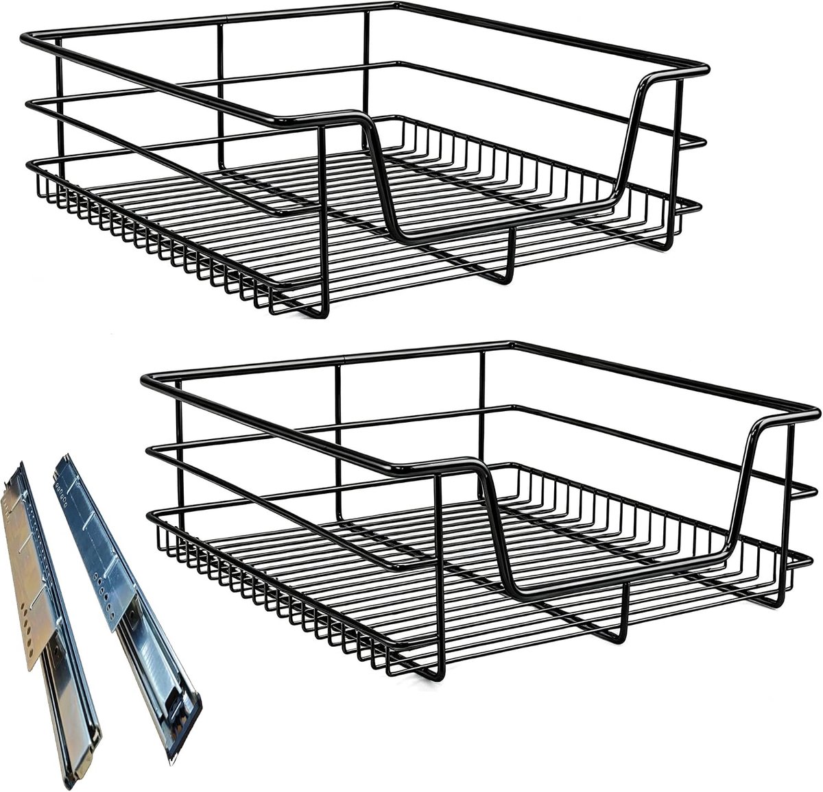 Lade, 2 x 60 cm, keukenlade, opbergmand, mand uittrekbaar met railsysteem voor keukenkast, keukenrek (zwart)