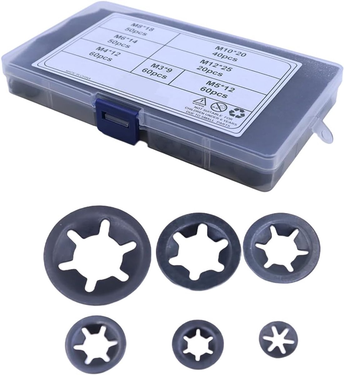 Borgringen Binnentand Klemringen M3 M4 M5 M6 M8 M10 M12 Borgring Assortimentset Zwart 340 Stuks