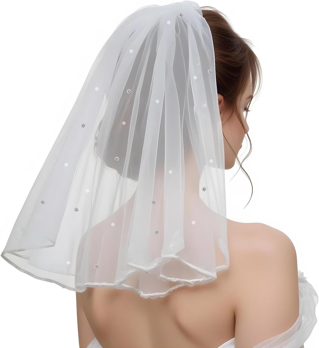 Korte Bruidsluier met Strass, Elegante Tule voor Bruid, Perfect voor Huwelijk en Vrijgezellenfeest