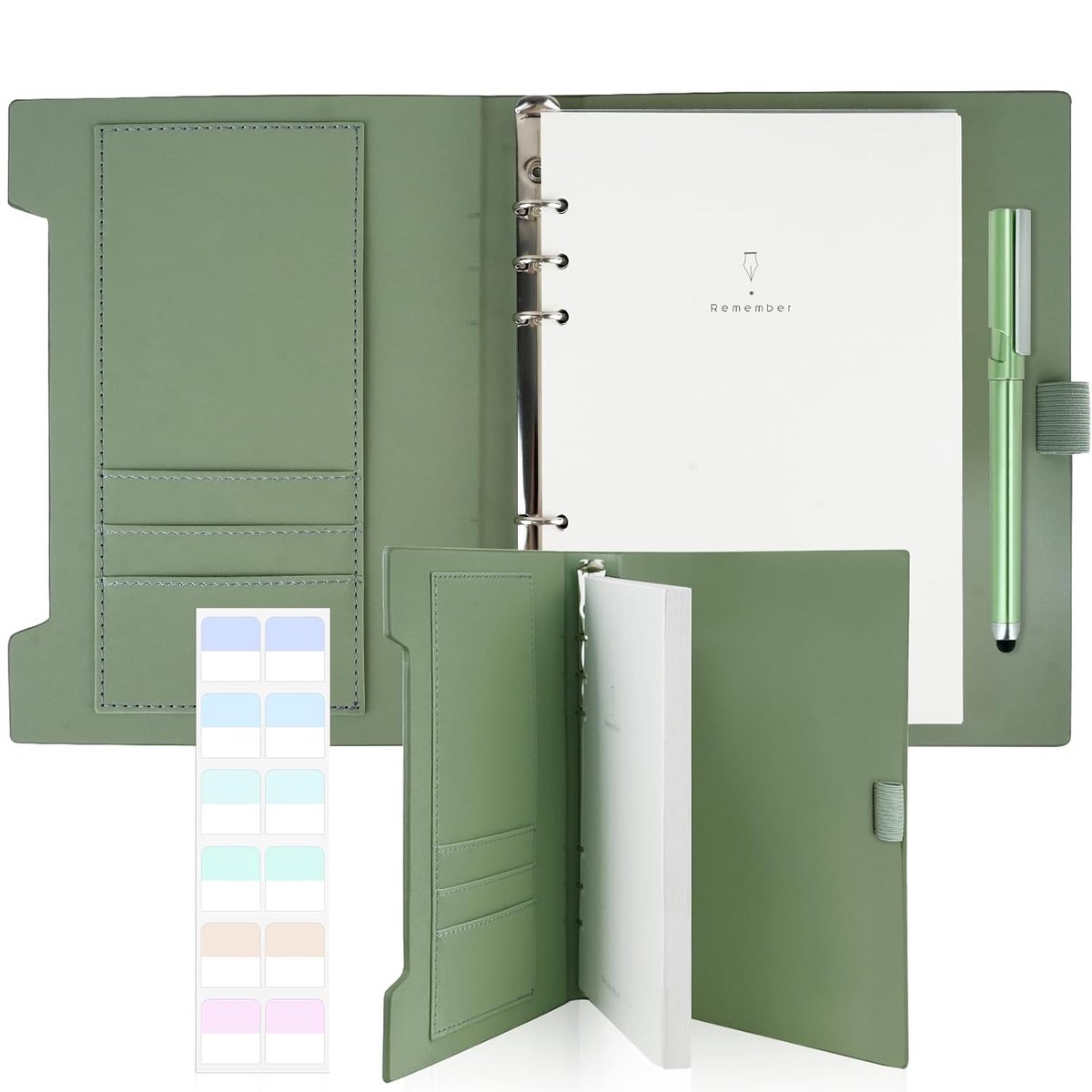 A5, groen ringband, A5, navulbaar, 160 pagina's, notitieboek met pen en penhouder, hardcover, PU dagboek, notitieboek met 6 ringen, dagboek met boektabs, geschikt als map, binder, planner