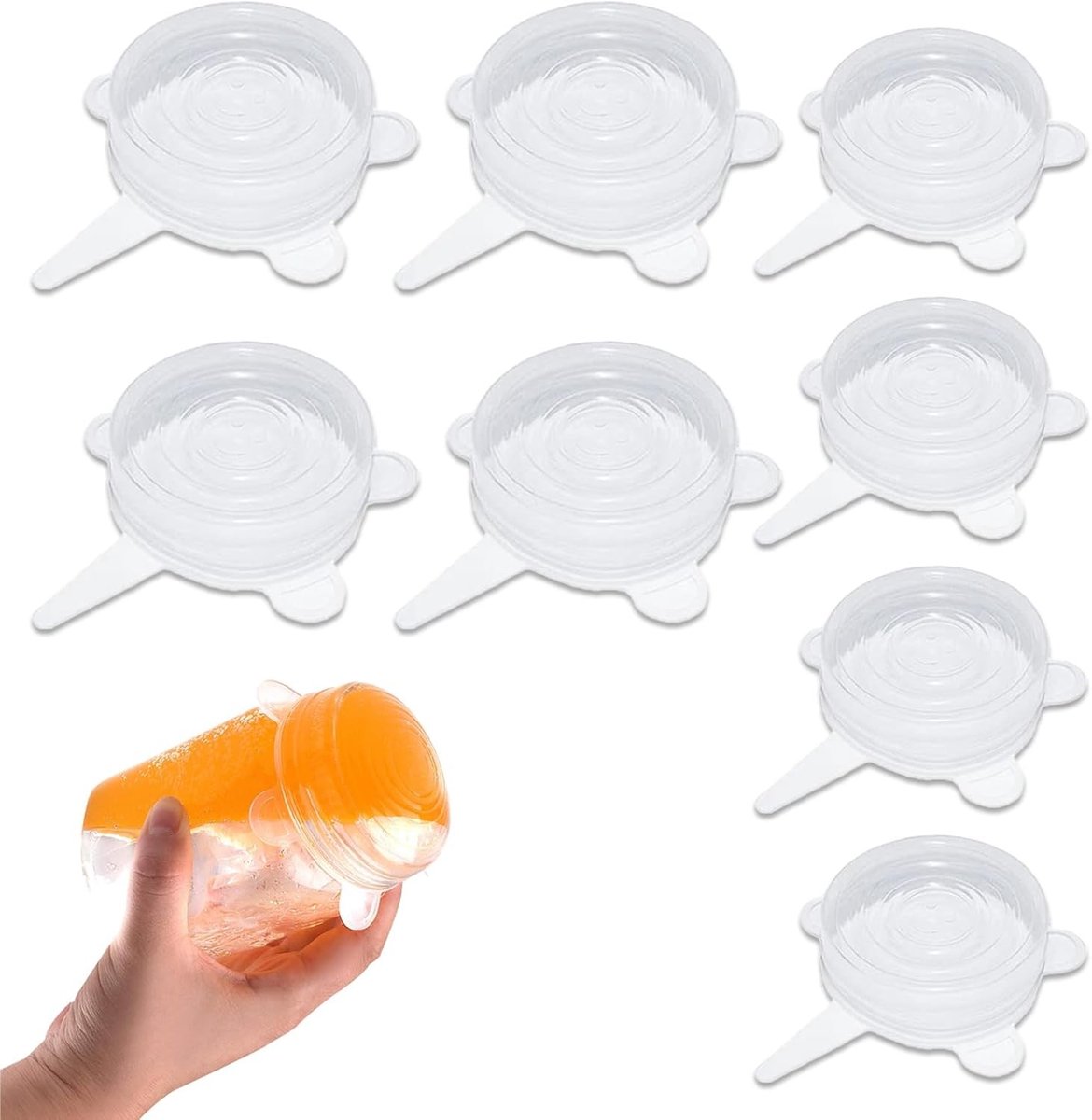 Set van 8 Rekbare Silicone Deksel voor Kommen, Glazen en Potten - 6.5/9 cm, Transparant, Duurzaam en Herbruikbaar