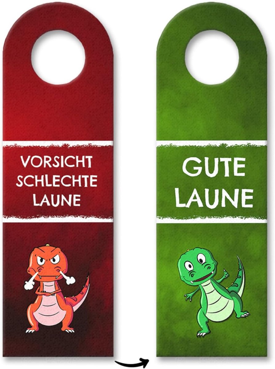 Slecht humeur of goed humeur deurhanger met T-Rex Dino in rood en groen kinderkamer tieners kinderen kwaad niet storen waarschuwing voor het kind stemming