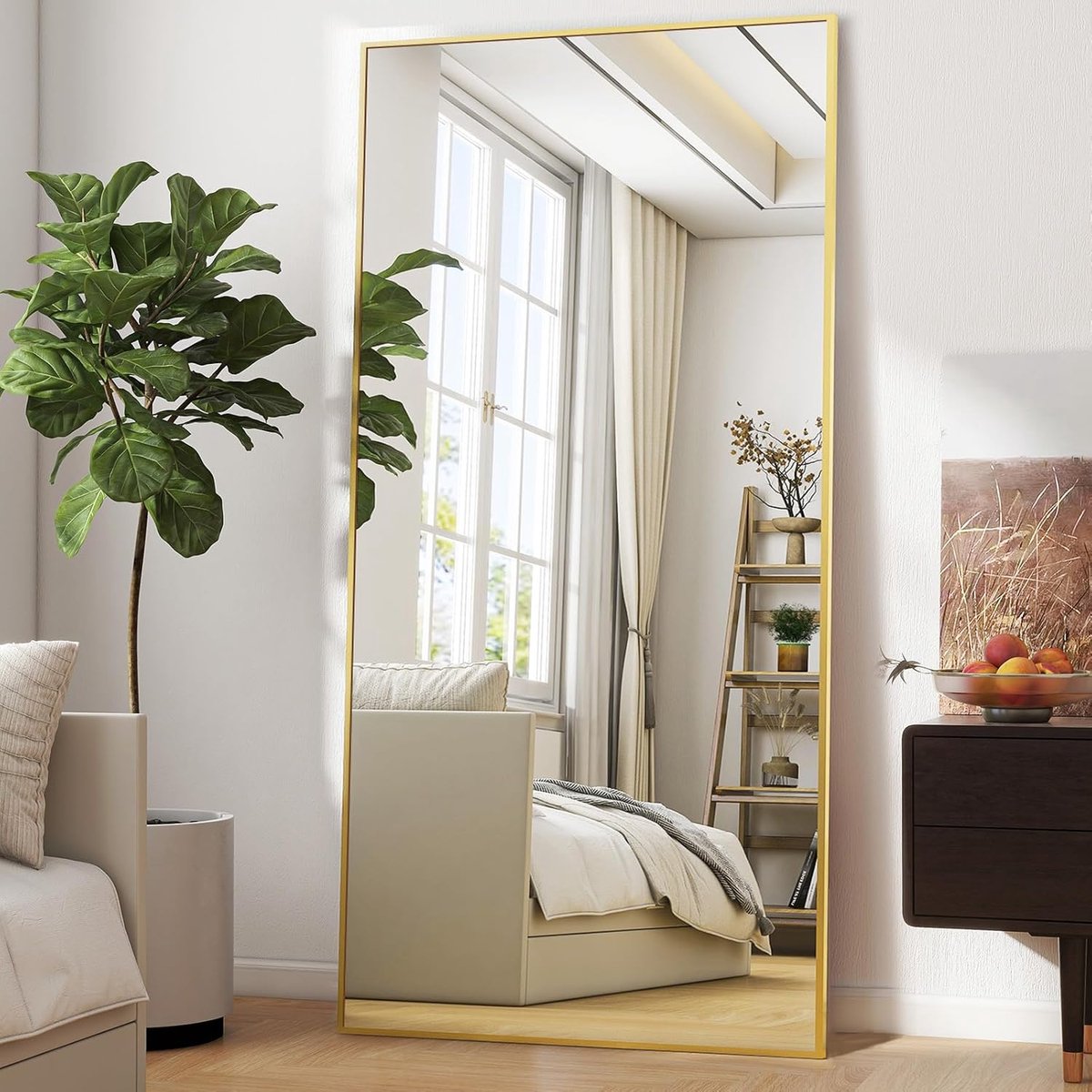 Extra grote full-body spiegel, 76 x 180 cm, onbreekbaar, staande spiegel, hangend of leunend aan de muur, grote vloerspiegel met standaard voor slaapkamer, woonkamer of kleedkamer, goud