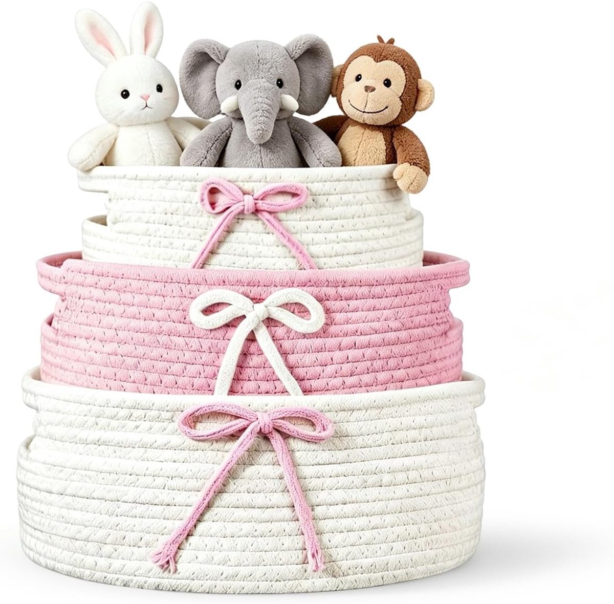 Set van 3 gevlochten opbergmanden met handvat, mandenset in 3 maten, decoratieve mand en geschenkmand, opbergbox voor badkamer, keuken, woonkamer, boho opbergmand (roze)