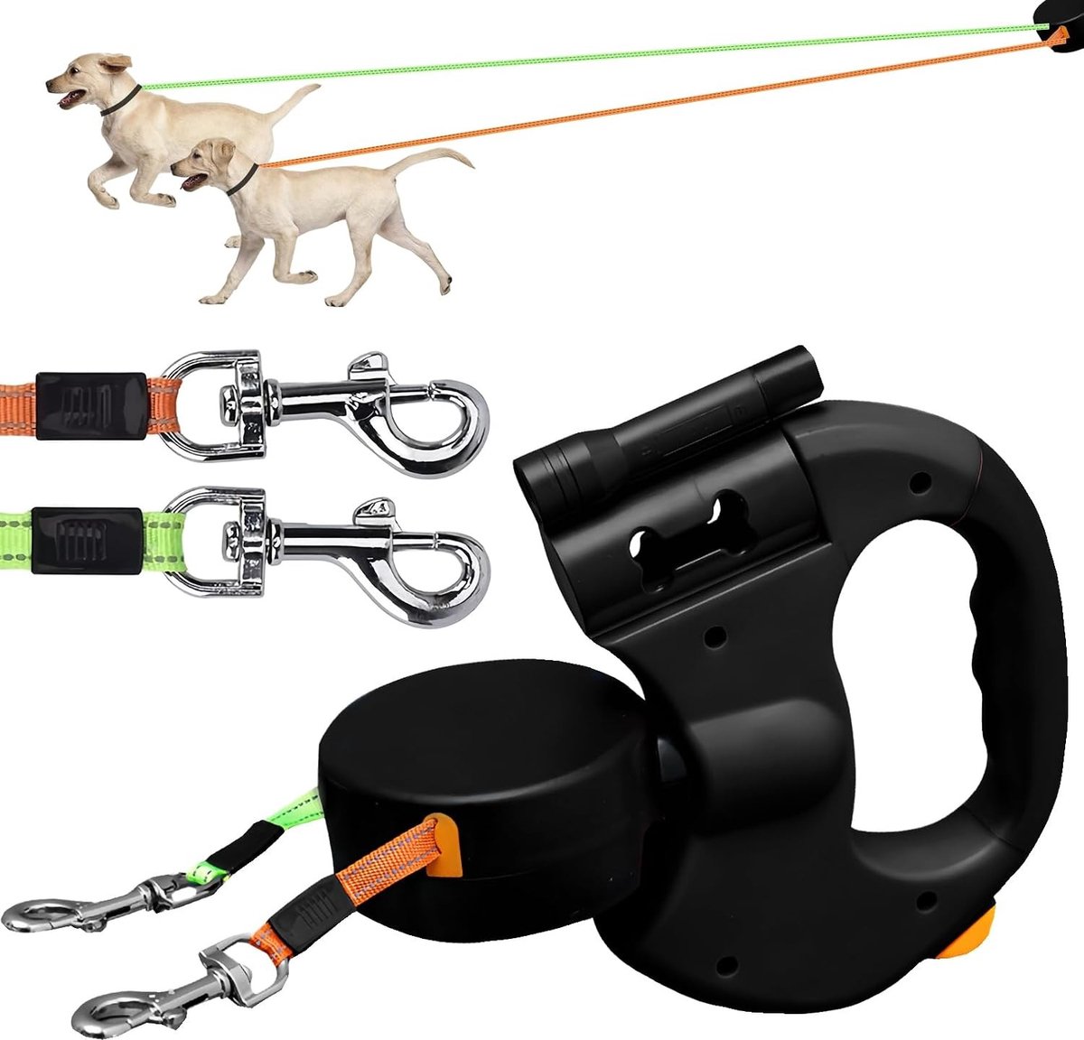 Dubbele Inklapbare Hondenriem voor 2 Honden met Verlichting, 3 Meter, 360° Uitschuifbaar en Ergonomisch Handvat voor Comfortabel Gebruik