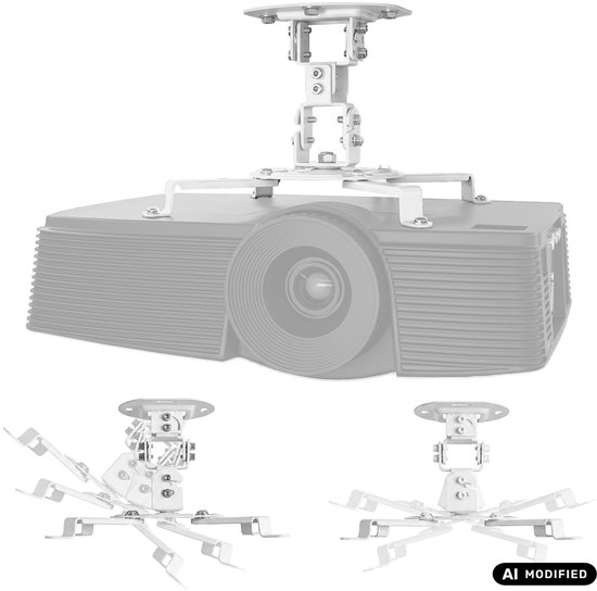 Un support de plafond blanc pour projecteur au-dessus d'un projecteur gris. Trois vues du support.