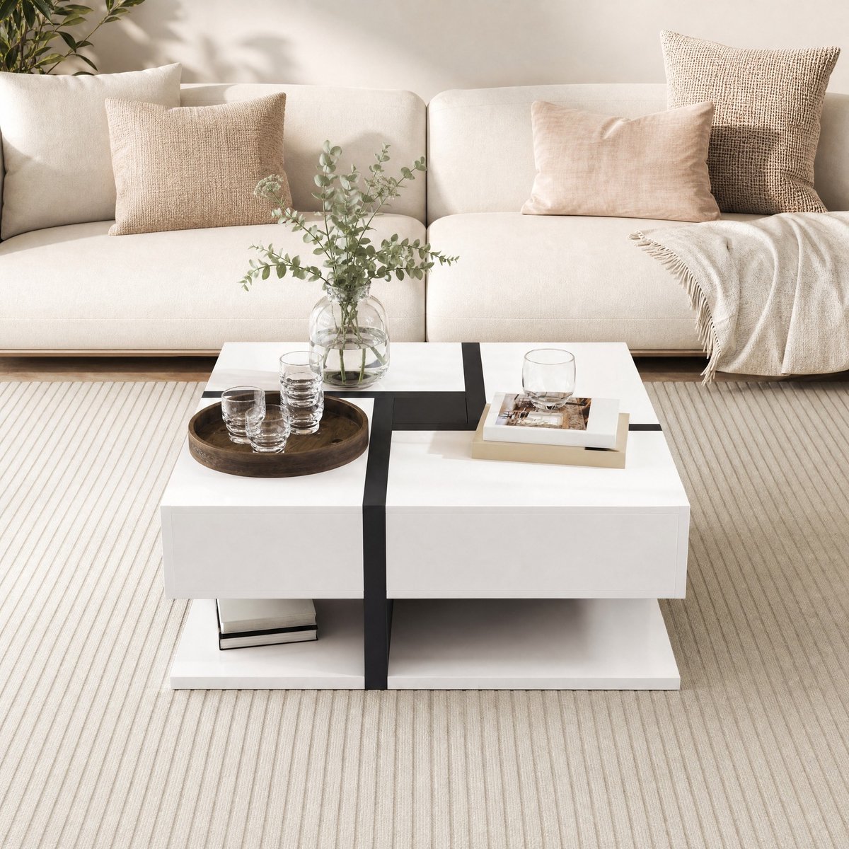 MEUNIQ Vierkante salontafel 78 x 78 x 36 cm met 4 lades, open onderblad en hoogglans afwerking voor de woonkamer, wit en zwart