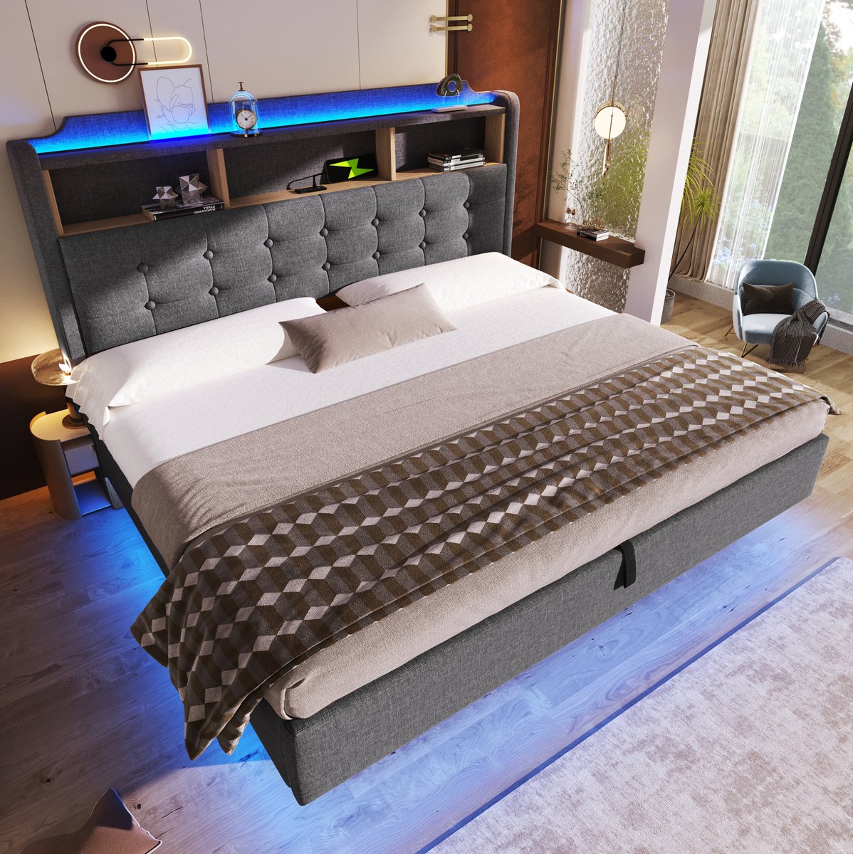 REDOM Gestoffeerd bed - Hydraulische opbergruimte - LED-lichtstrip met app- en kabelbediening - USB- en Type-C-aansluitingen - MDF en stof - Grijs - 217 x 183 x 110 cm