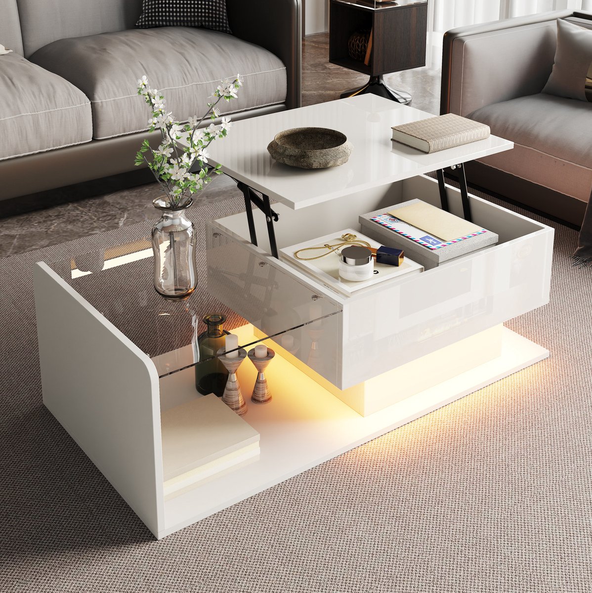 MEUNIQ Salontafel 100 x 50 cm hoogte verstelbaar met glazen blad, LED-verlichting en open en verborgen opbergruimte voor woonkamer, hoogglans wit