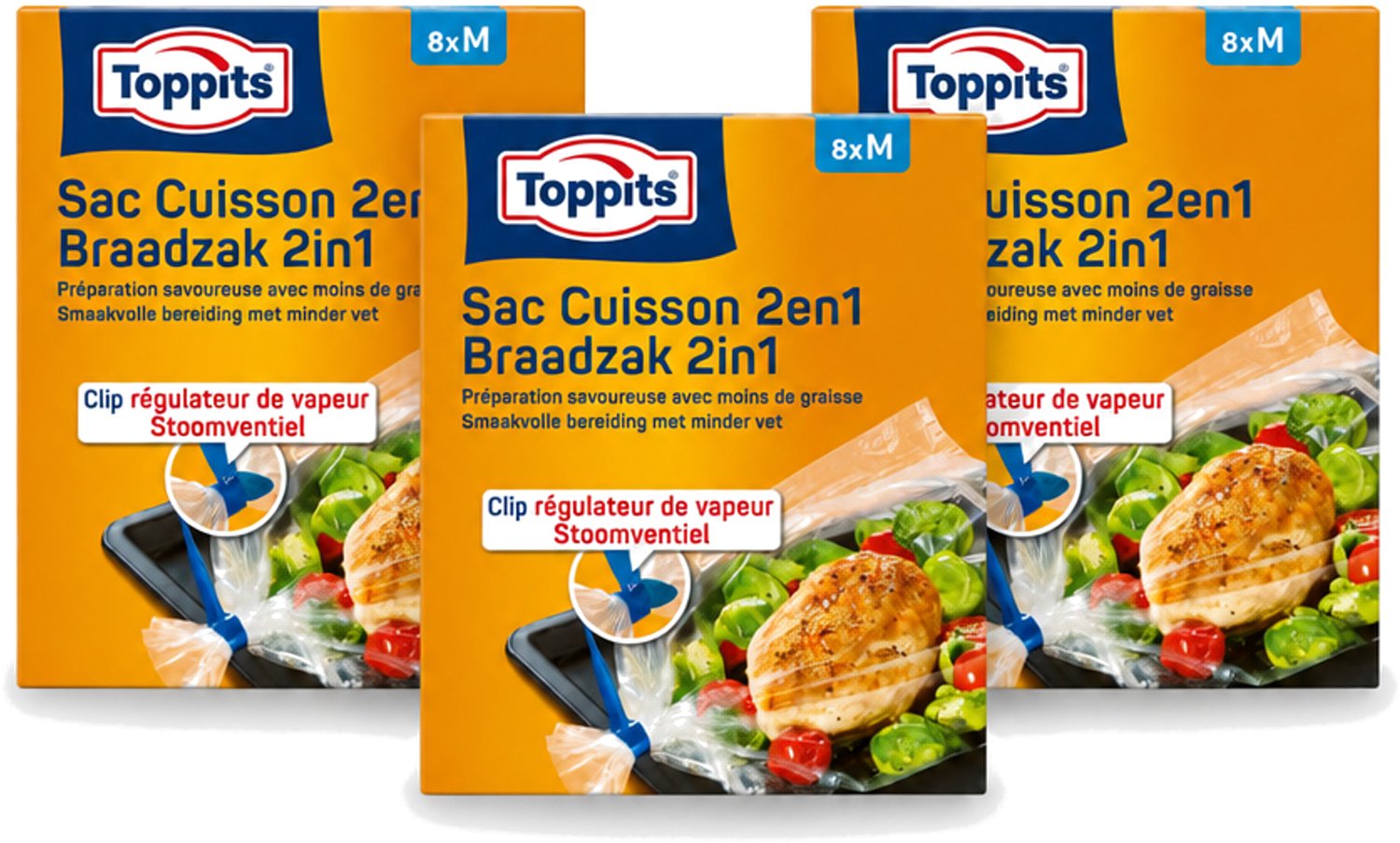 3 x Toppits – 2-in-1 Braad- & Stoomzakken – Maat M – 8 Zakjes - Voordeelverpakking - 3 stuks
