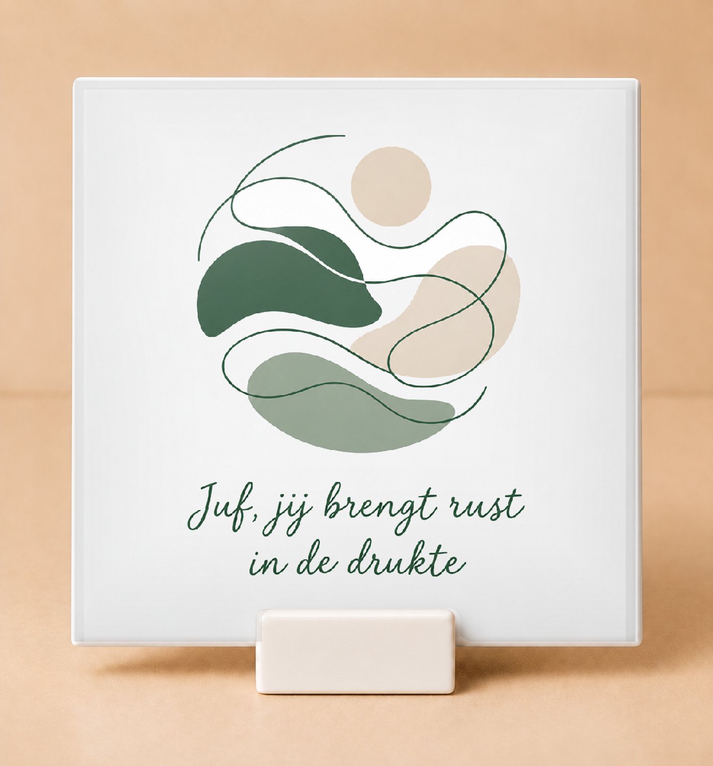 Bedruk King Strakke minimalistische Tegel "Juf, jij brengt rust" – Stijlvolle decoratie voor leraren en onderwijsprofessionals - 15 x 15 cm met houder Wit