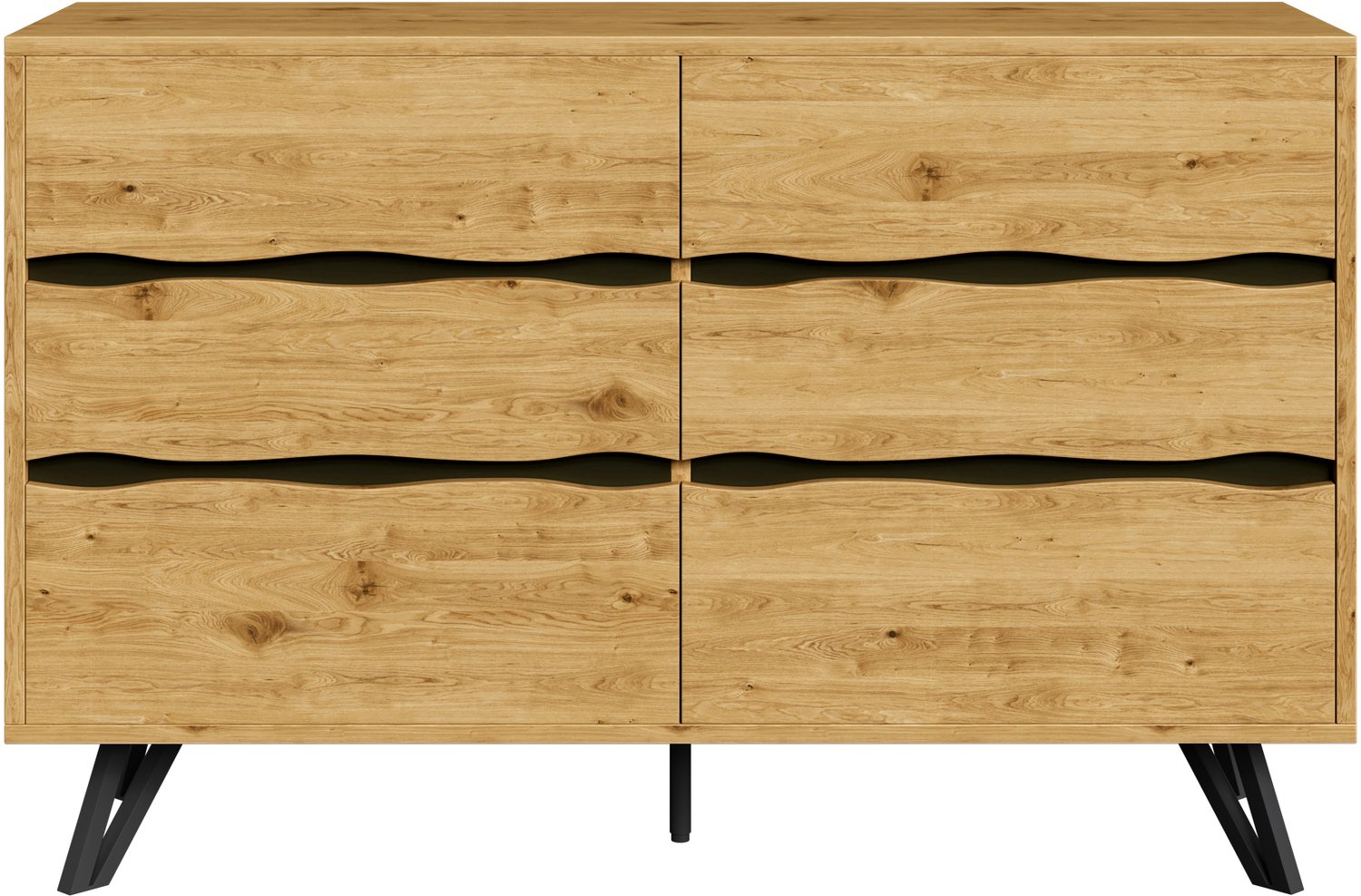SONNENH Ladekast met 6 laden, golvende greepranden en metalen voeten - Naturel houtlook - 120 x 40 x 75,5 cm