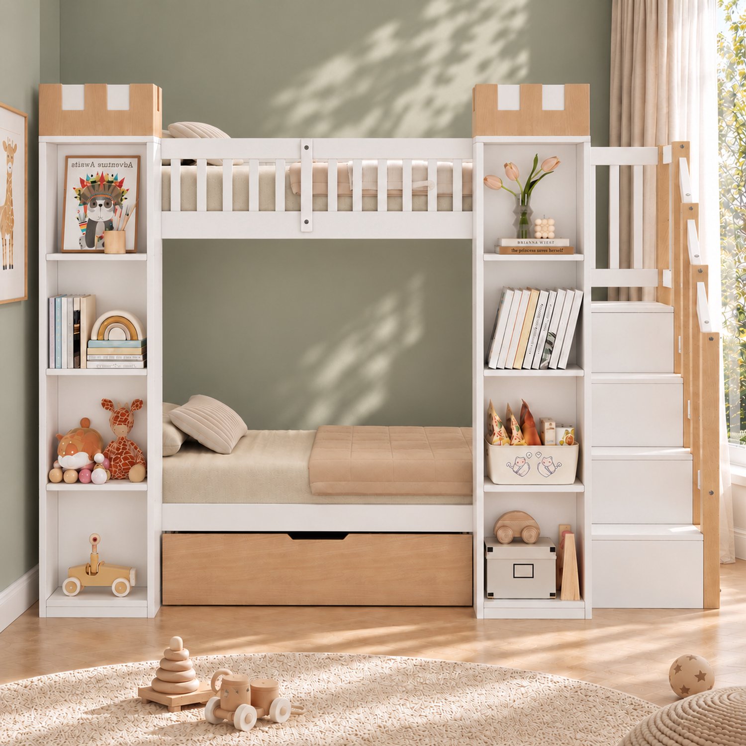 Clruro Stapelbed - 90×200 cm - Kasteelontwerp - Opbergtrap en Lade - Hout/MDF - Wit/Naturel