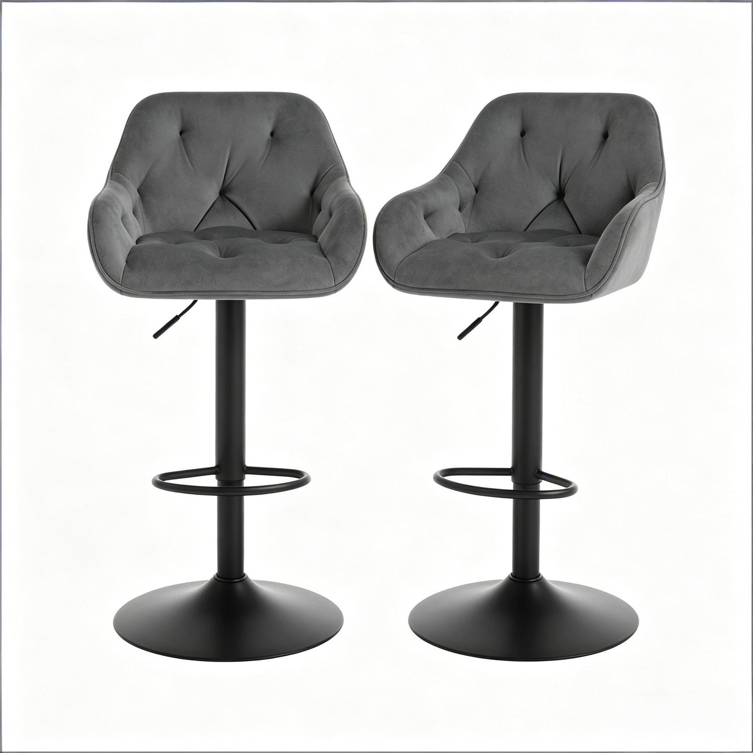 SONNENH Barkrukken set van 2 - Donkergrijs velvet met armleuningen - Draaibaar - Zithoogte 62,5–84 cm