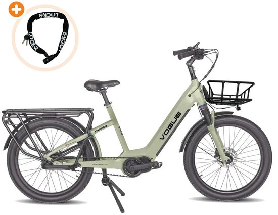 Matgrijze Vogue Avalanche elektrische fiets met voormand, bagagedrager achter en inbegrepen Lockr kettingslot.