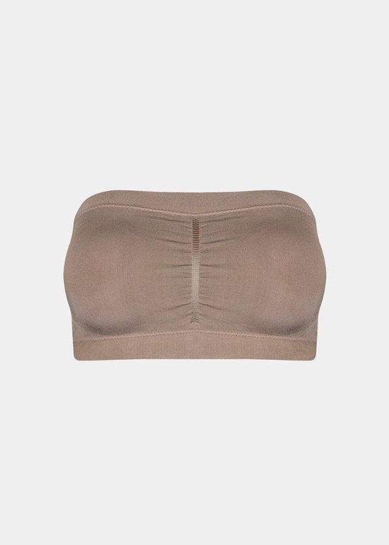 Taupekleurige naadloze bandeau-bh met geplooid detail in het midden.