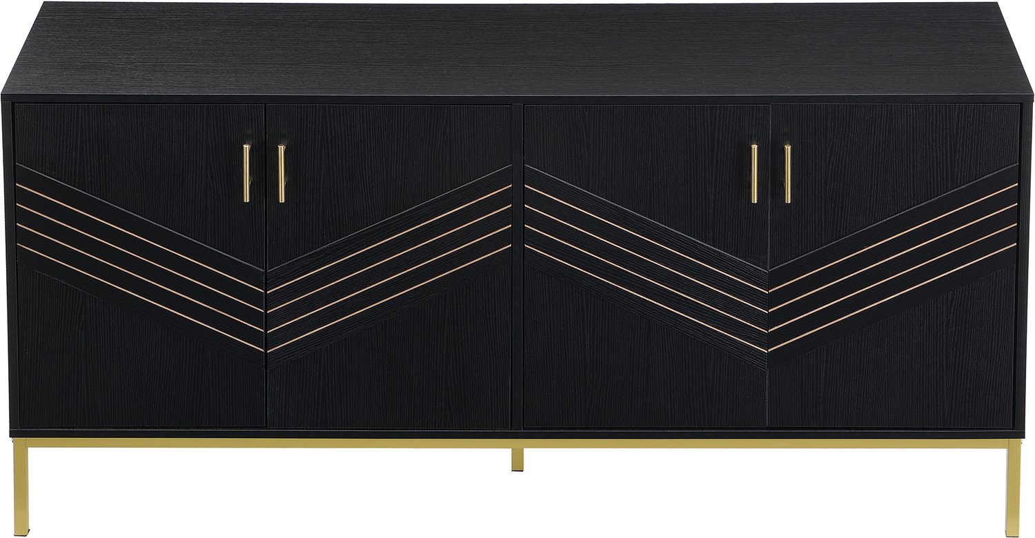 SONNENH Dressoir met 4 zigzagdeuren, verstelbare planken en goudkleurige metalen voeten - Zwart - 160 x 40 x 80,5 cm
