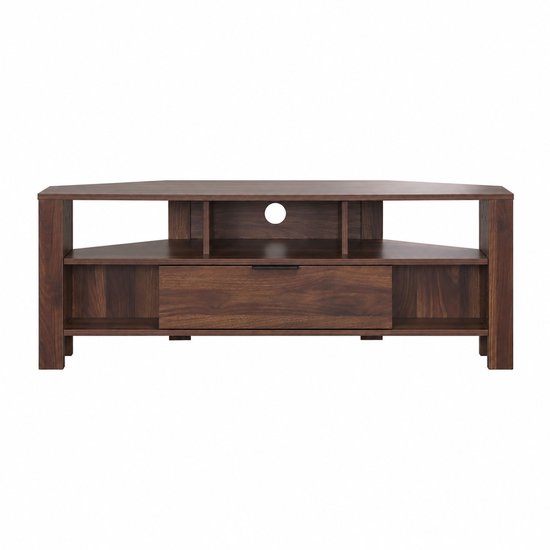 Meuble TV d'angle en bois brun foncé avec espaces ouverts, tiroir central et passe-câbles.