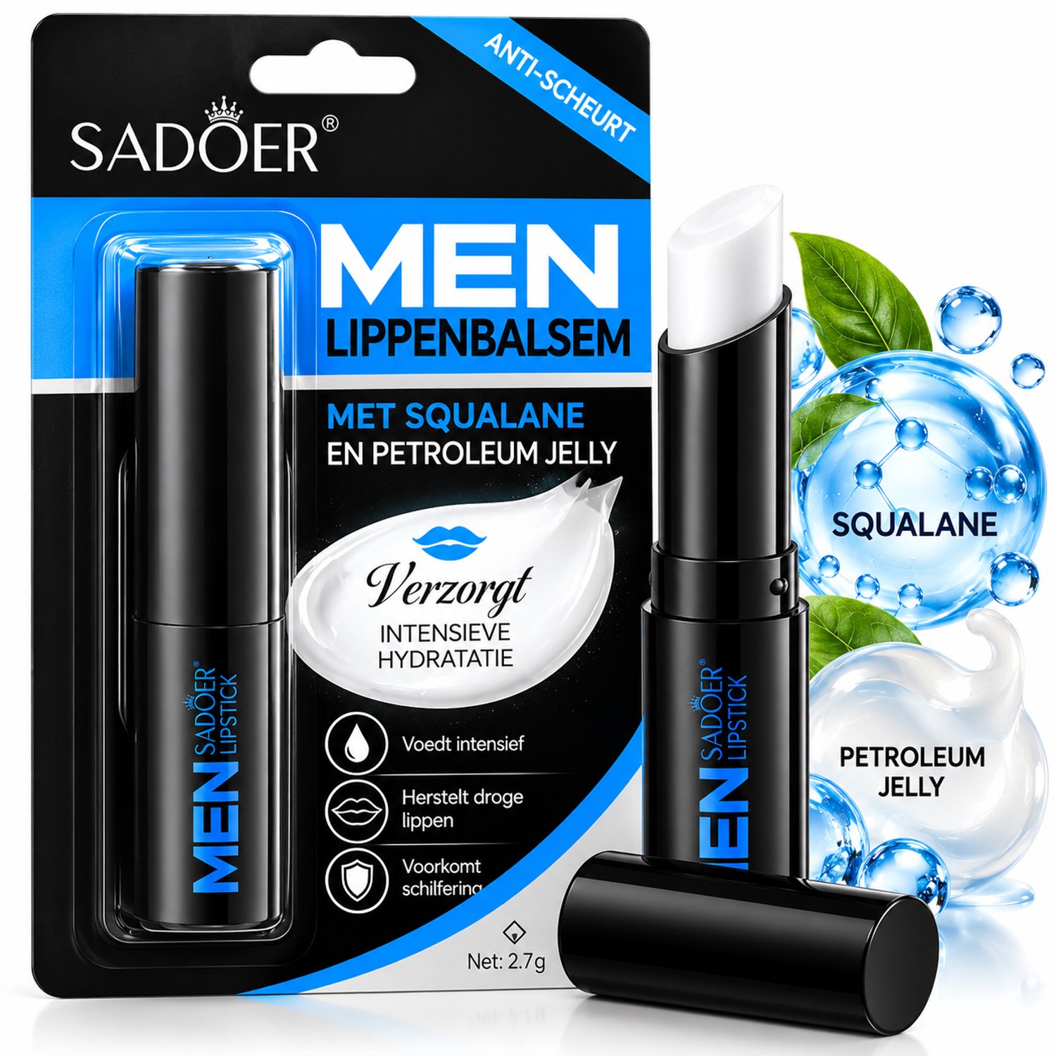 SADOER Men Lip Balm 2,7 g | Squalane Lippenbalsem Heren | Lippenbalsem Mannen | Petroleum Jelly | Hyaluronzuur | Vitamine E | Verzorgende Lip Balm | Lippenverzorging | Hydraterende Lippenbalsem | Lip Balm Stick | Dagelijks Gebruik