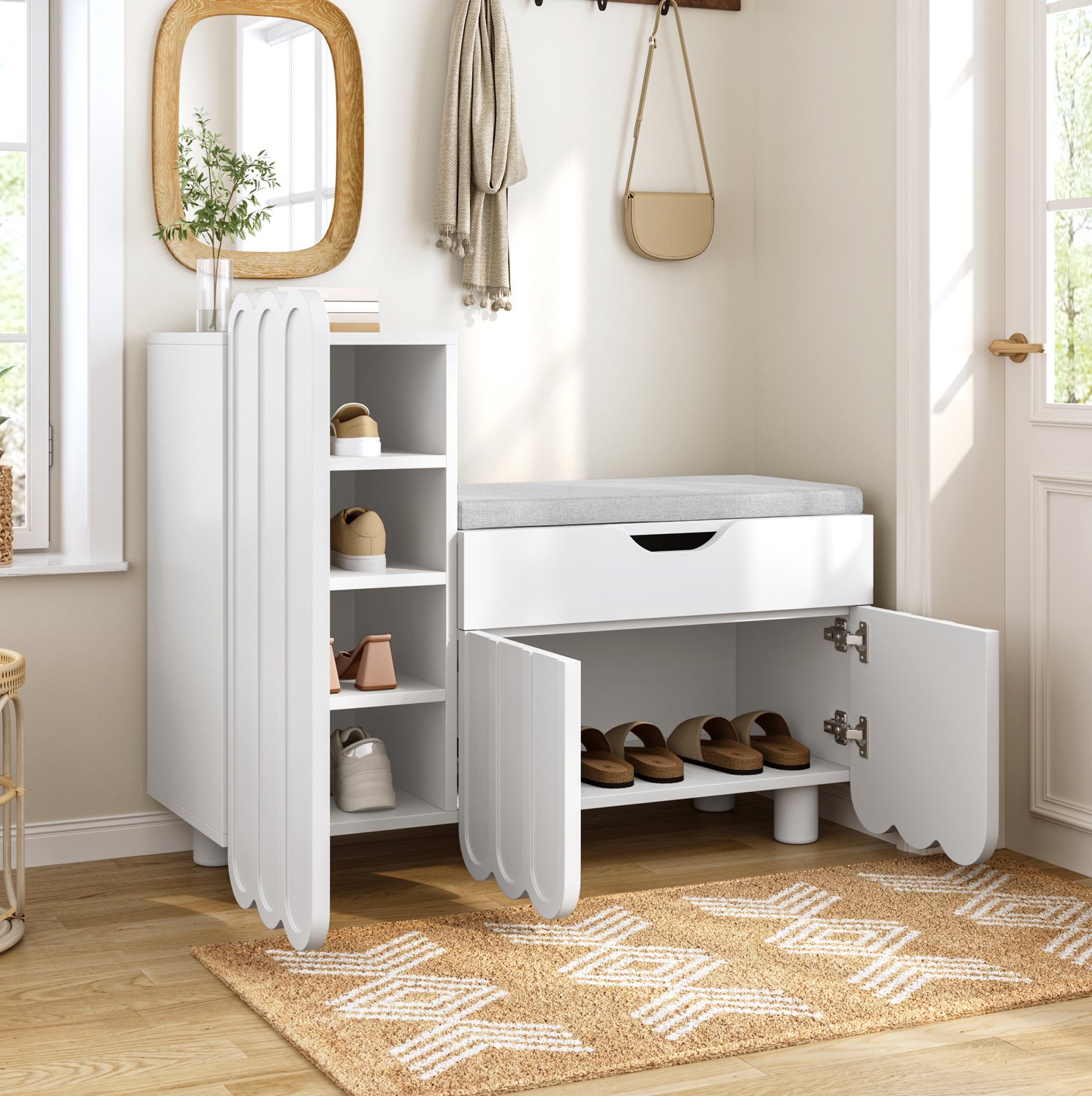 CHICFURN Schoenenkast - Zitplaats - Opberglade - 3 deuren - Wit