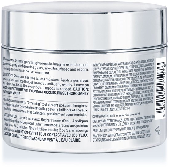 Achterzijde van de zilveren Color Wow Dreaming pot met productinformatie, ingrediënten en gebruiksaanwijzing.
