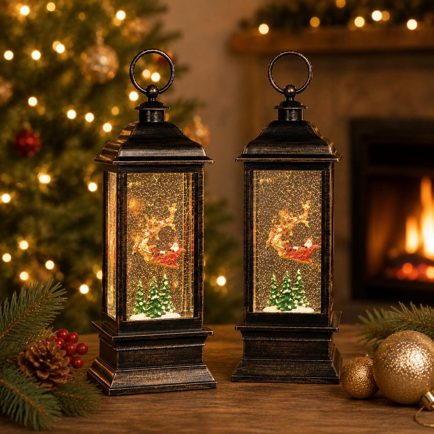 Anna's Collection Sneeuw lantaarn - 2x - 28,5 cm - LED verlichting - glitter - sneeuwbol - snowglobe