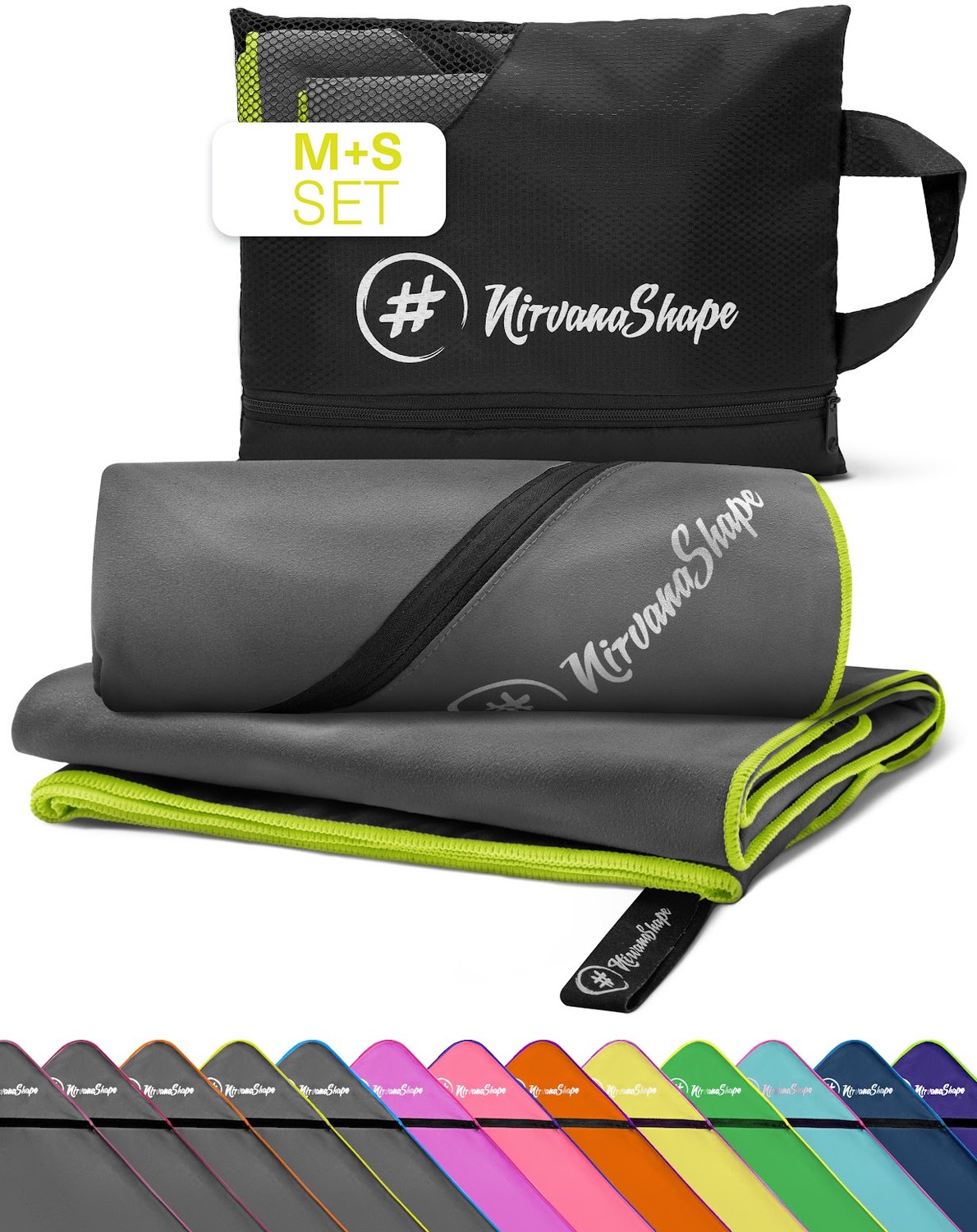 NirvanaShape - microvezel handdoek - strandlaken en badlaken - sneldrogend en absorberend - sporthanddoek met slimme hoekzak - set van 2: 120 x 60 cm + 60 x 40 cm - Grijs / Gele Rand