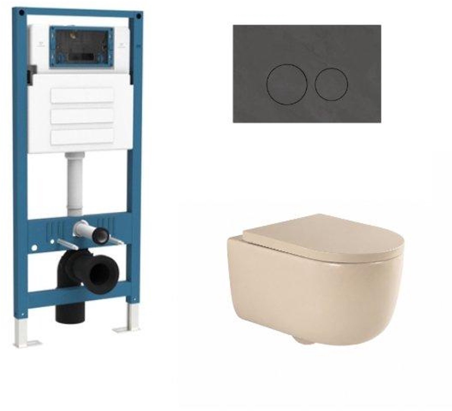 QeramiQ Dely Swirl Toiletset - inbouwreservoir Qeramiq Flush - 35mm zitting - natuursteen donker marmeren bedieningsplaat - ronde knoppen - beige