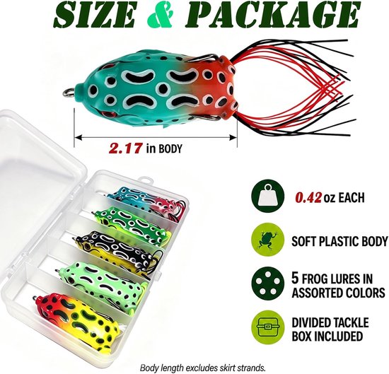 Topwater Kikker Kunstaas - 5 delig Weedless Frog Lures Set met Opbergdoos - Drijvend Zacht Aas 5,5 cm in Diverse Kleuren voor Roofvis zoals Snoek in Zoetwater — afbeelding 3