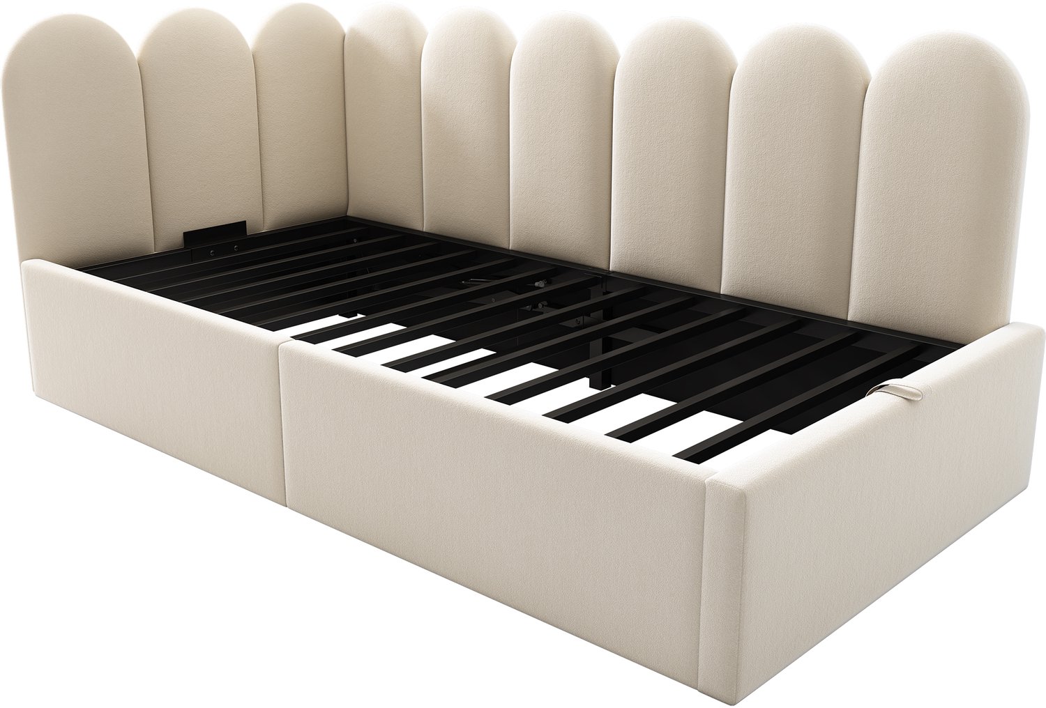 MUVANO Bedbank 90x190 cm met opbergruimte - Eenpersoonsbed - Hydraulische metalen lattenbodem - Fluweel - L-vorm - Voor kinder- en logeerkamer - Beige