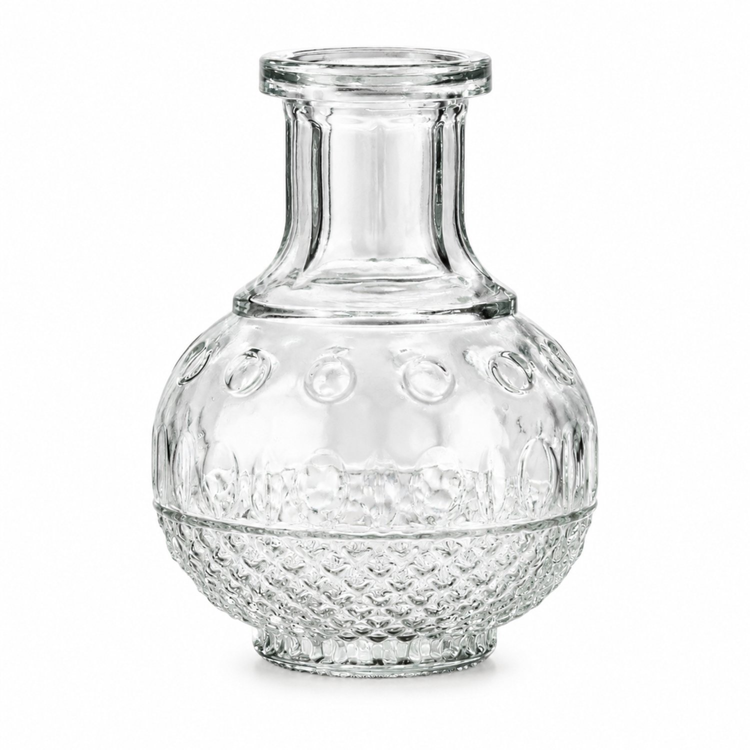 SWGOTA Transparante glazen vaas met reliëf, 11,4 cm hoog en 8,3 cm diameter, smalle hals, voor kunstbloemen, in kartonnen doos