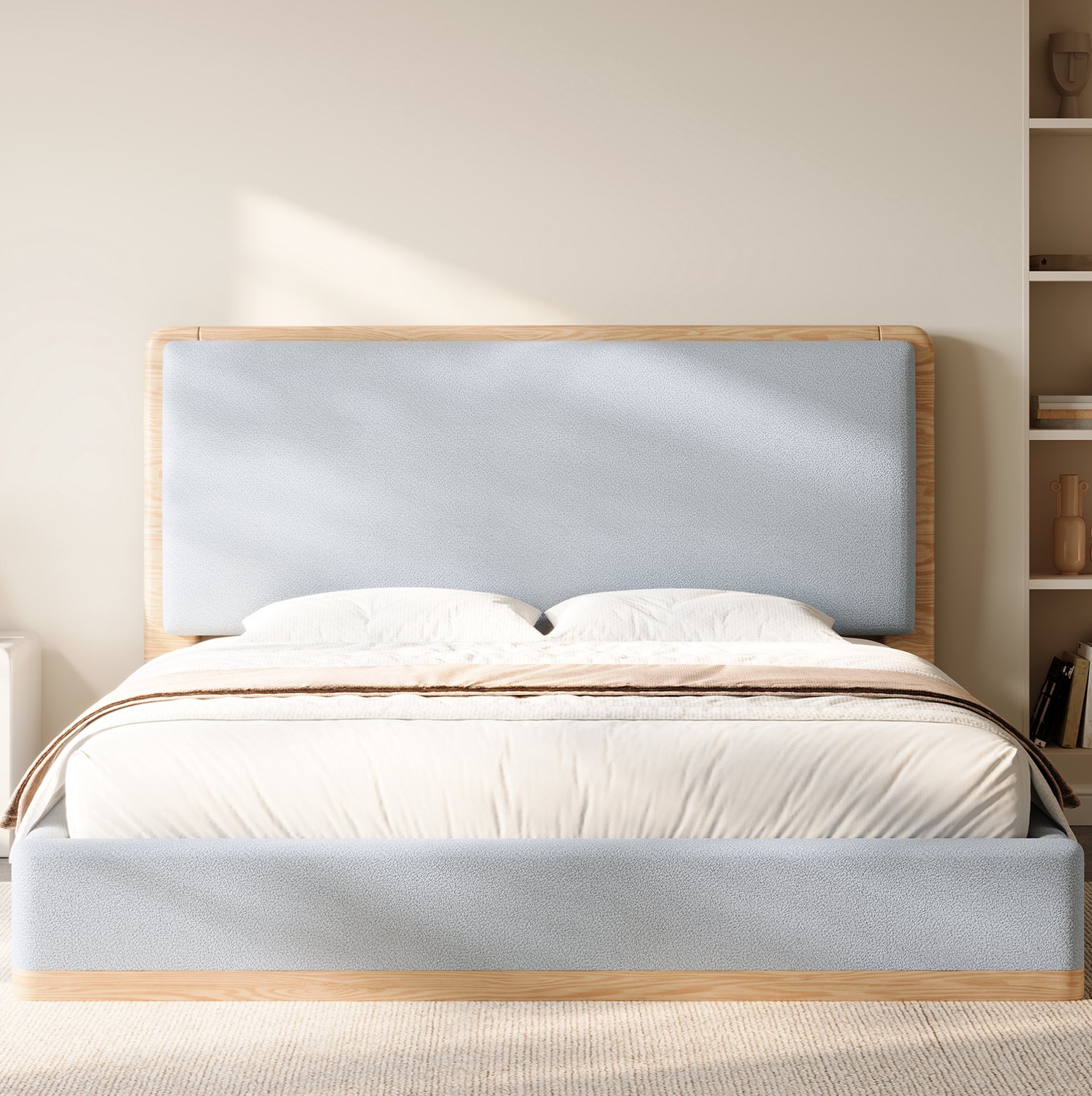 STILVORA Gestoffeerd Bed 180x200 cm – Zacht Hoofdbord – Lattenbodem met 10 Latten – Tweepersoonsbed – Zonder Matras – Grijs en Naturel Houtkleur Grijs, naturel houtkleur