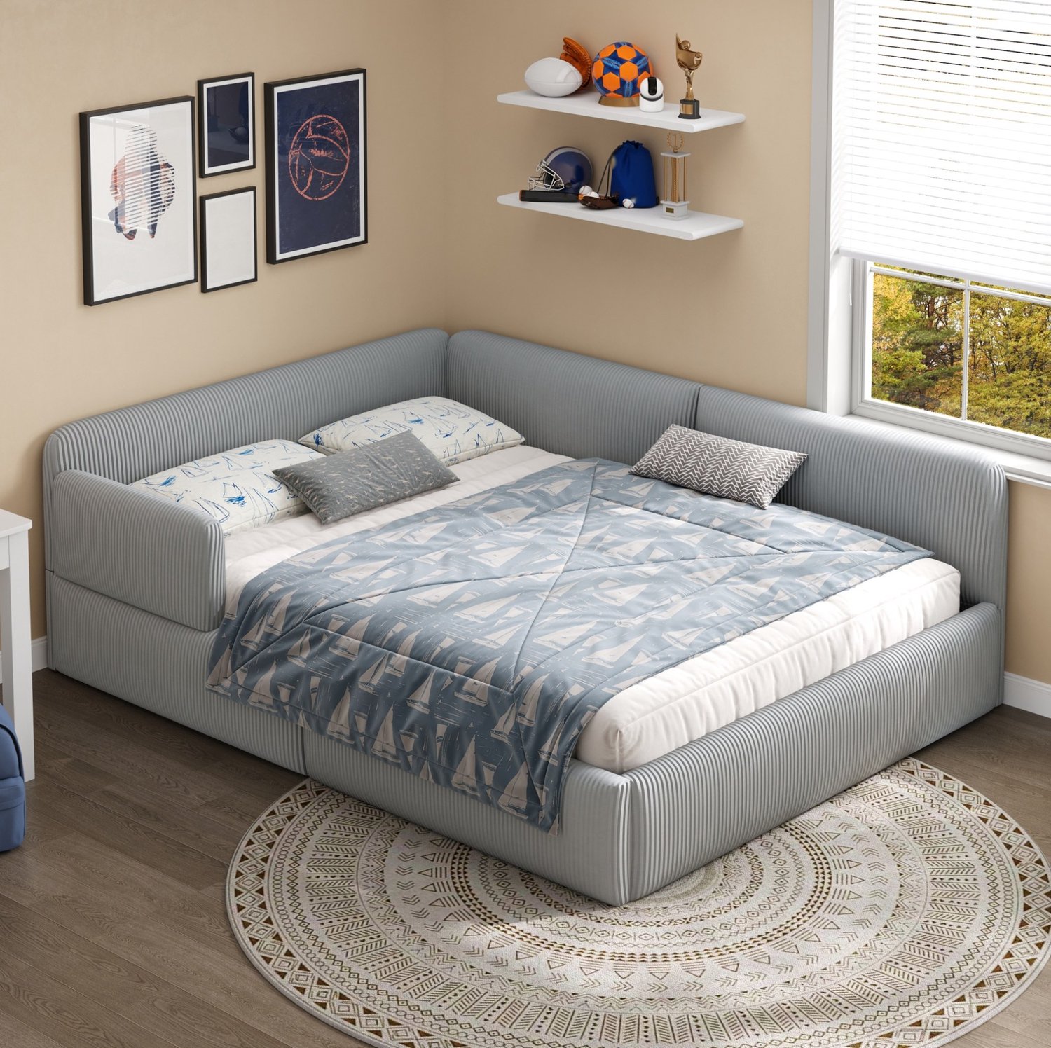 STILVORA Gestoffeerd Dagbed 140x200 cm – Slaapbank met Zijbeveiliging – Opbergruimte Onder het Bed – Cordstof – Grijs – Zonder Matras