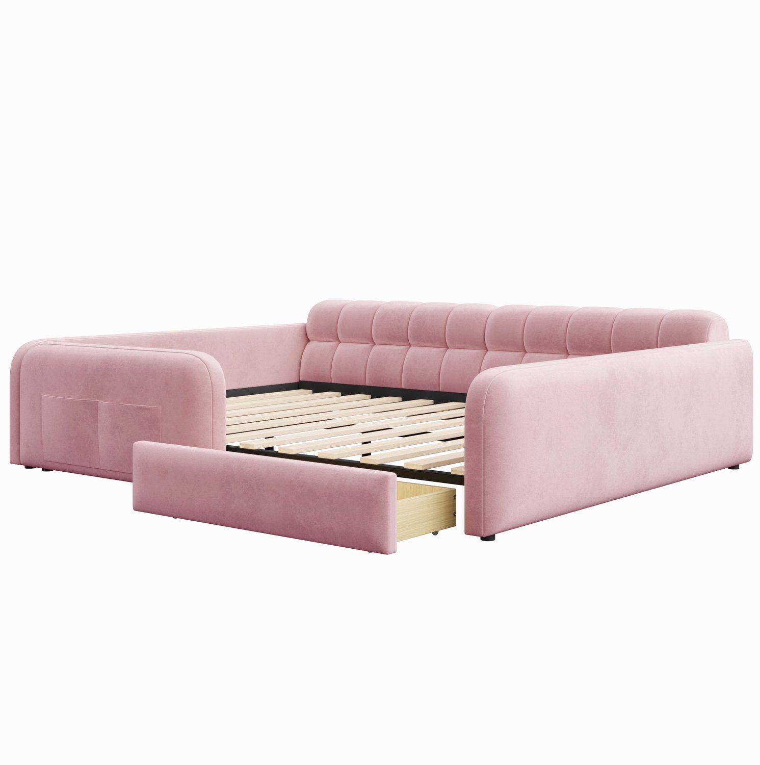 MODFU Gestoffeerd Kinderbed - Met Lade En Nachtlamp - Fluweel - Roze - 140 X 200 Cm