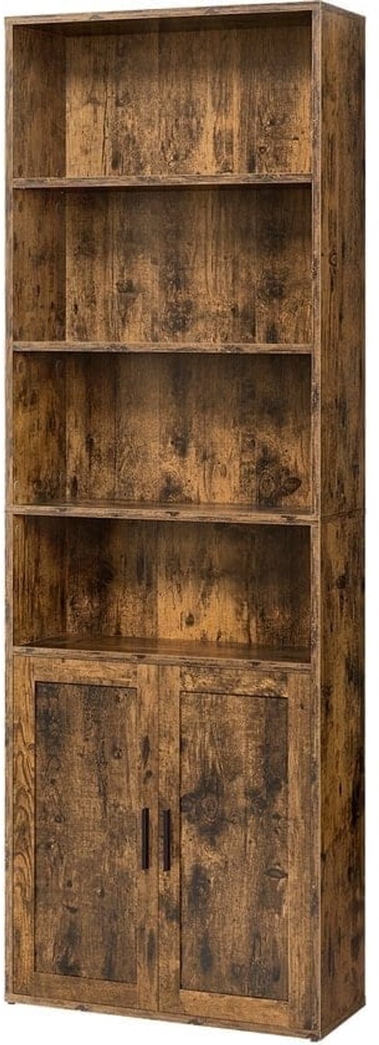 Klarven Boekenkast Bruin - Boekenkastje - Boekenkasten - Bookcase - Verstelbare Planken, Open en Gesloten Vakken, 6 Niveaus - 24x24x175 cm