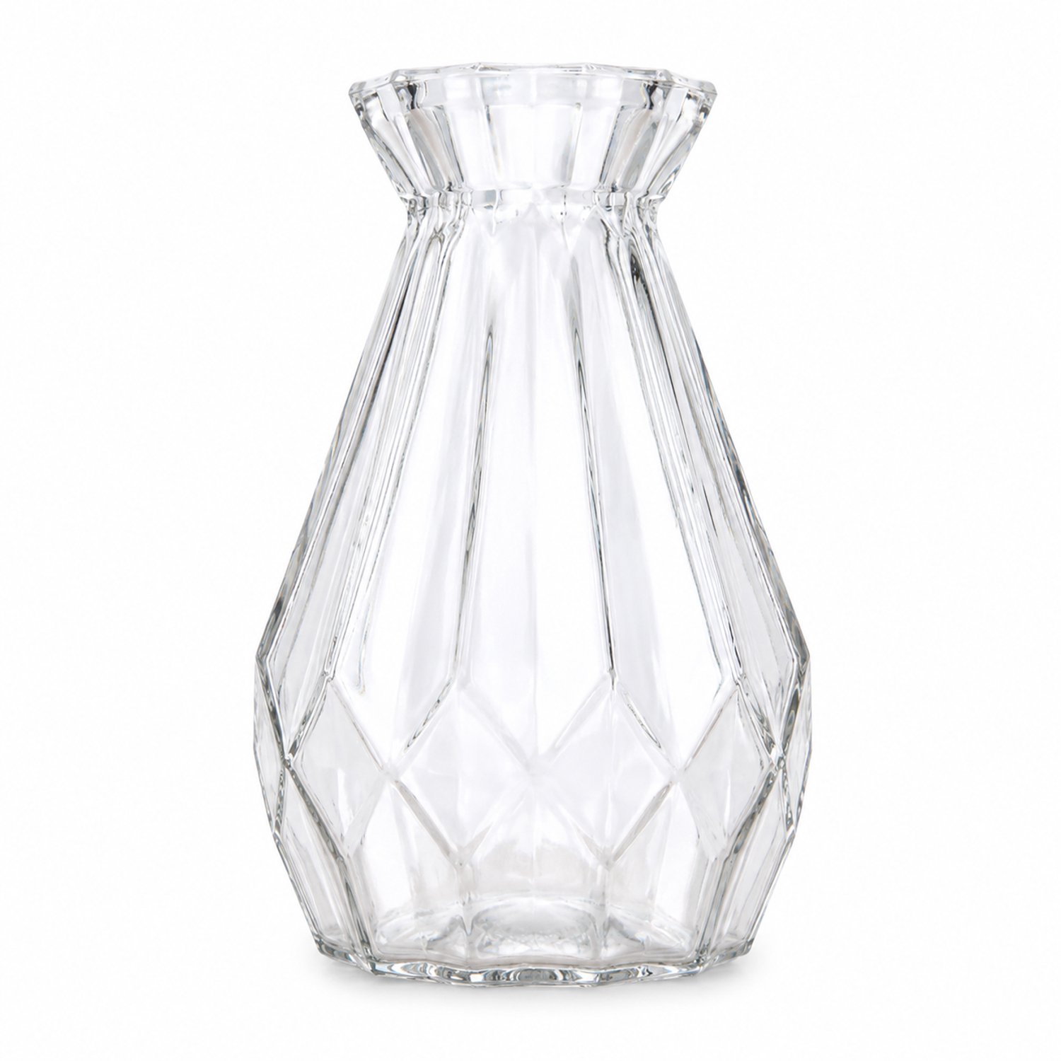 SWGOTA Transparante glazen vaas 18 cm met geometrische facetten en uitlopende opening, voor droogbloemen en woondecoratie