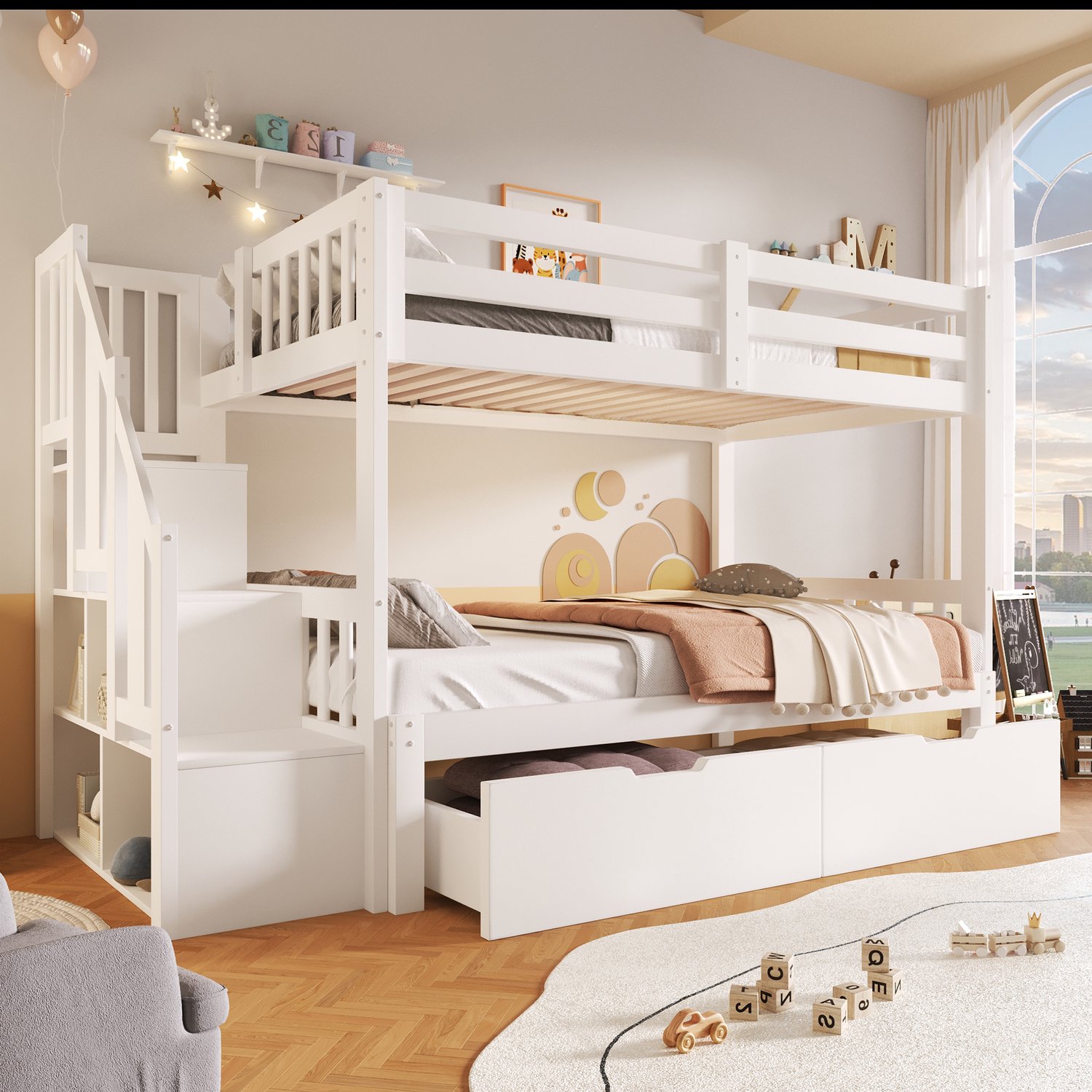 Zubaliya Stapelbed, 90 x 200 cm, Ladderpositie optioneel, Bed met uitschuifbed, Bed met lattenbodem (zonder matras), Opbergbare treden, Twee lades, Grenenhout, Minimalistisch, Wit