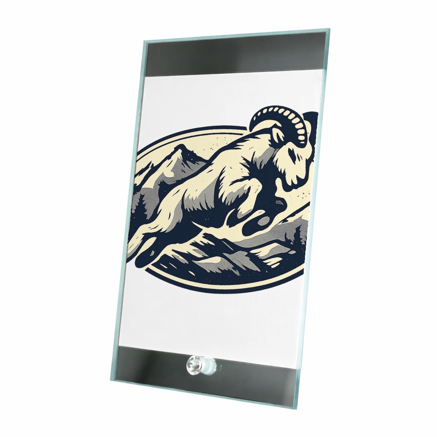 Mr Cadeautjes Glasframe 15 x 23 - design Een krachtige berggeit die schuin over een ronde badge sprin | cadeau Wit