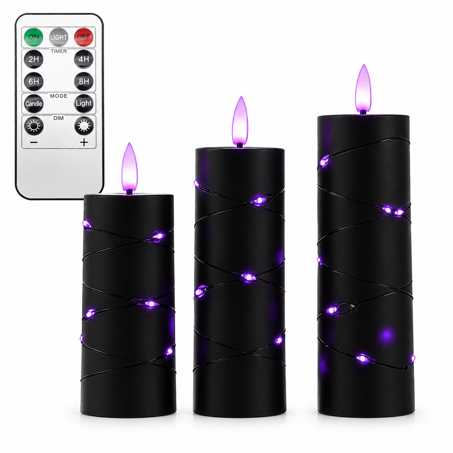SWGOTA led kaarsen, 3 per doos, zwart met paarse vlamtop en lichtsnoer rondom, inclusief kleine afstandsbediening en knoopcelbatterij voor de afstandsbediening