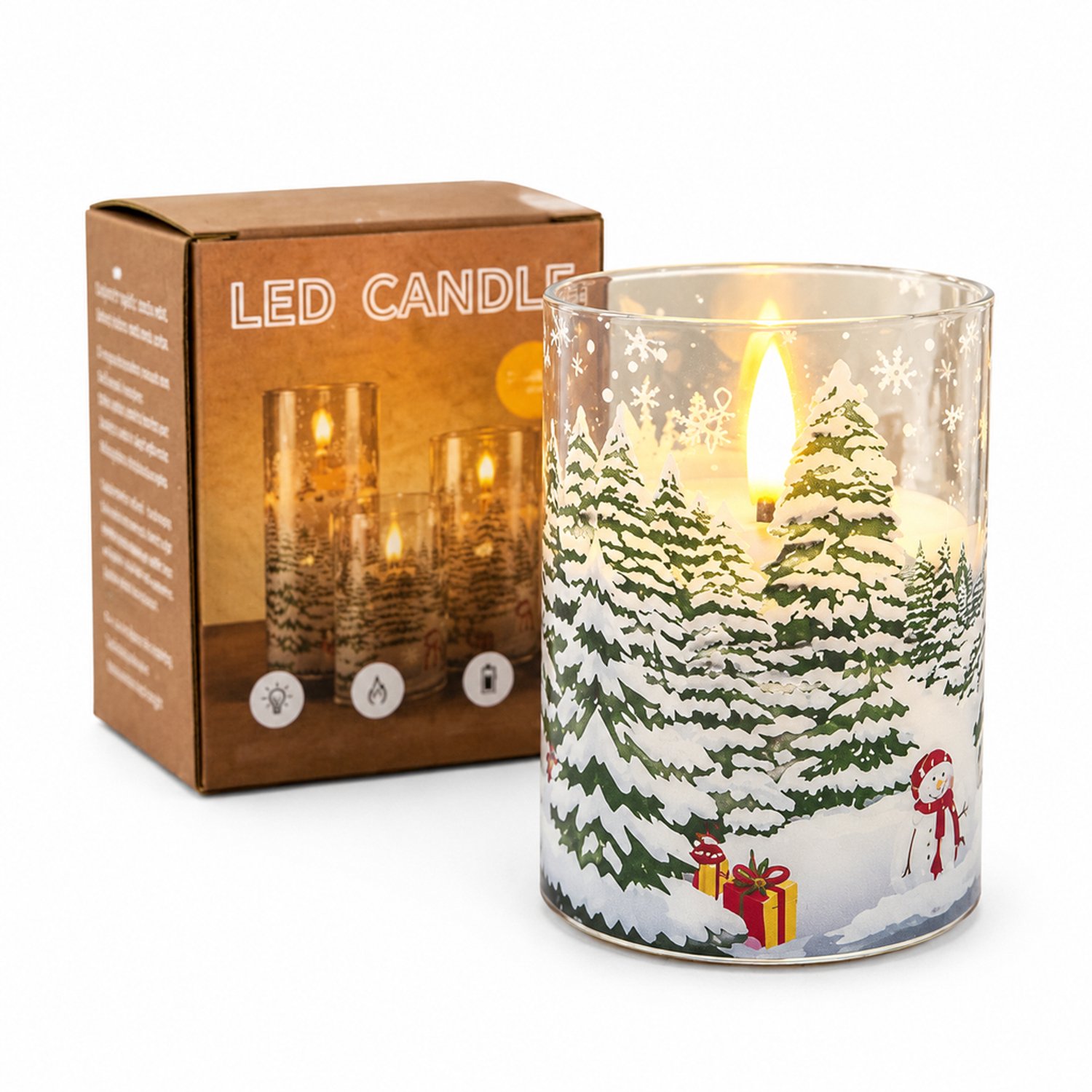 SWGOTA led kaarsen met kerstsneeuwdecor - 7,5 x 10 cm, warm licht, kunststof cilindervorm, op batterijen, zonder batterijen Meerkleurig