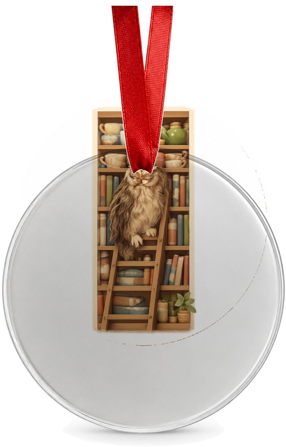 Mr Cadeautjes Glazen cirkel Ø 8,9 cm - design Een slaperige uil op een ladder naast een hoge plank met the | cadeau Wit
