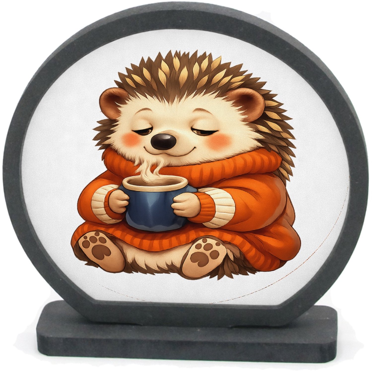 Mr Cadeautjes Houten fotolijst rond met MDF inleg - design Een slaperige egel in een oversized trui met een warme drank | cadeau Wit
