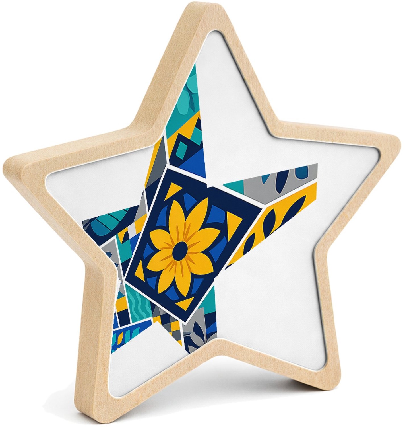 Mr Cadeautjes MDF fotolijst ster 14 x 13,5 - design Een levendig mozaïek van botanische blokken met bladeren, bl | cadeau Wit