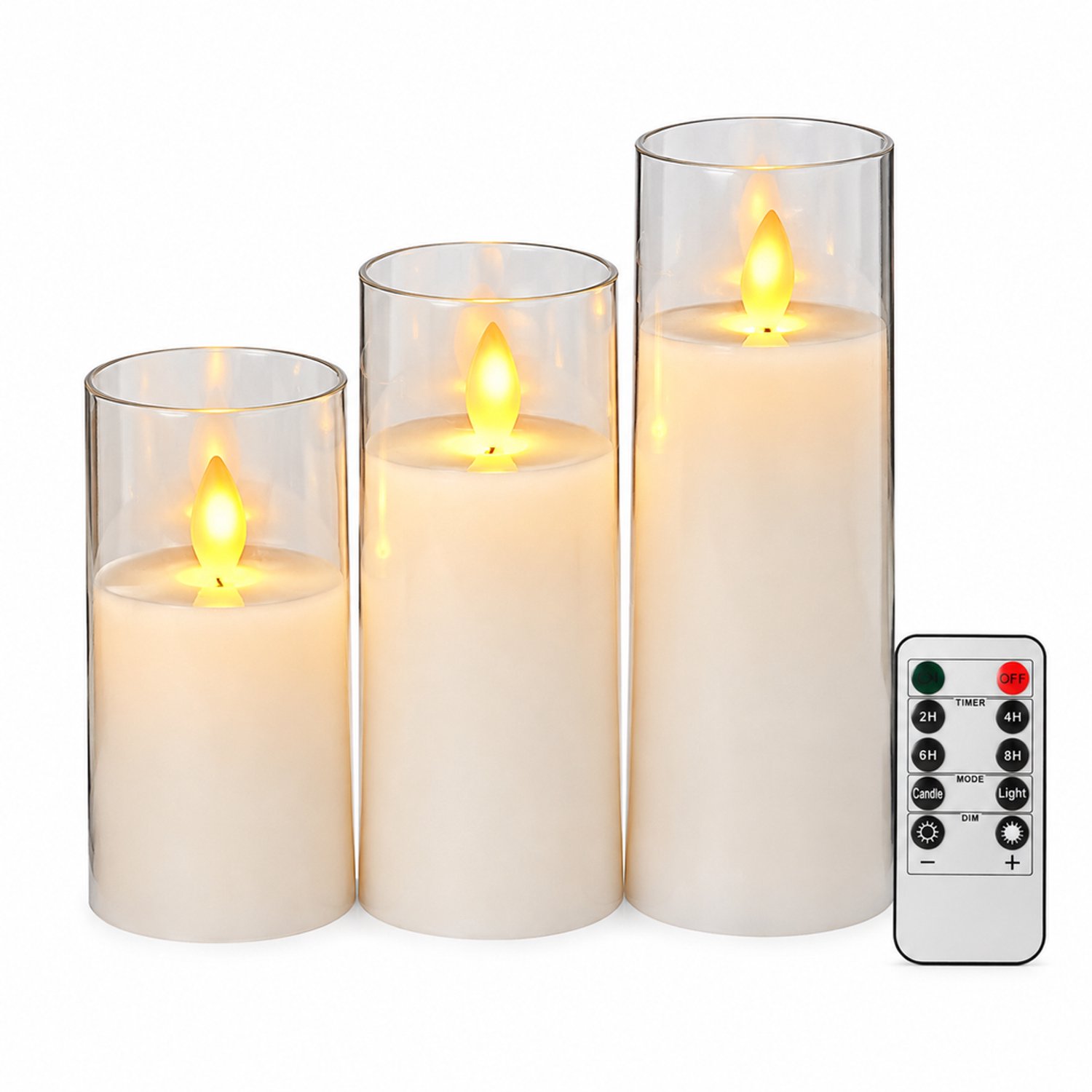 SWGOTA led kaarsen, witte set van 3 met bewegende vlam, transparante cilinderkappen en afstandsbediening voor feestdecoratie